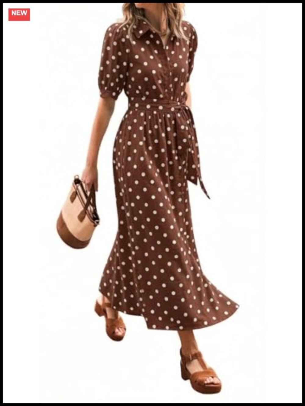 Polka Dot Midi Shirt Dress Puff Sleeve Button Down Belted Cotton A-Line